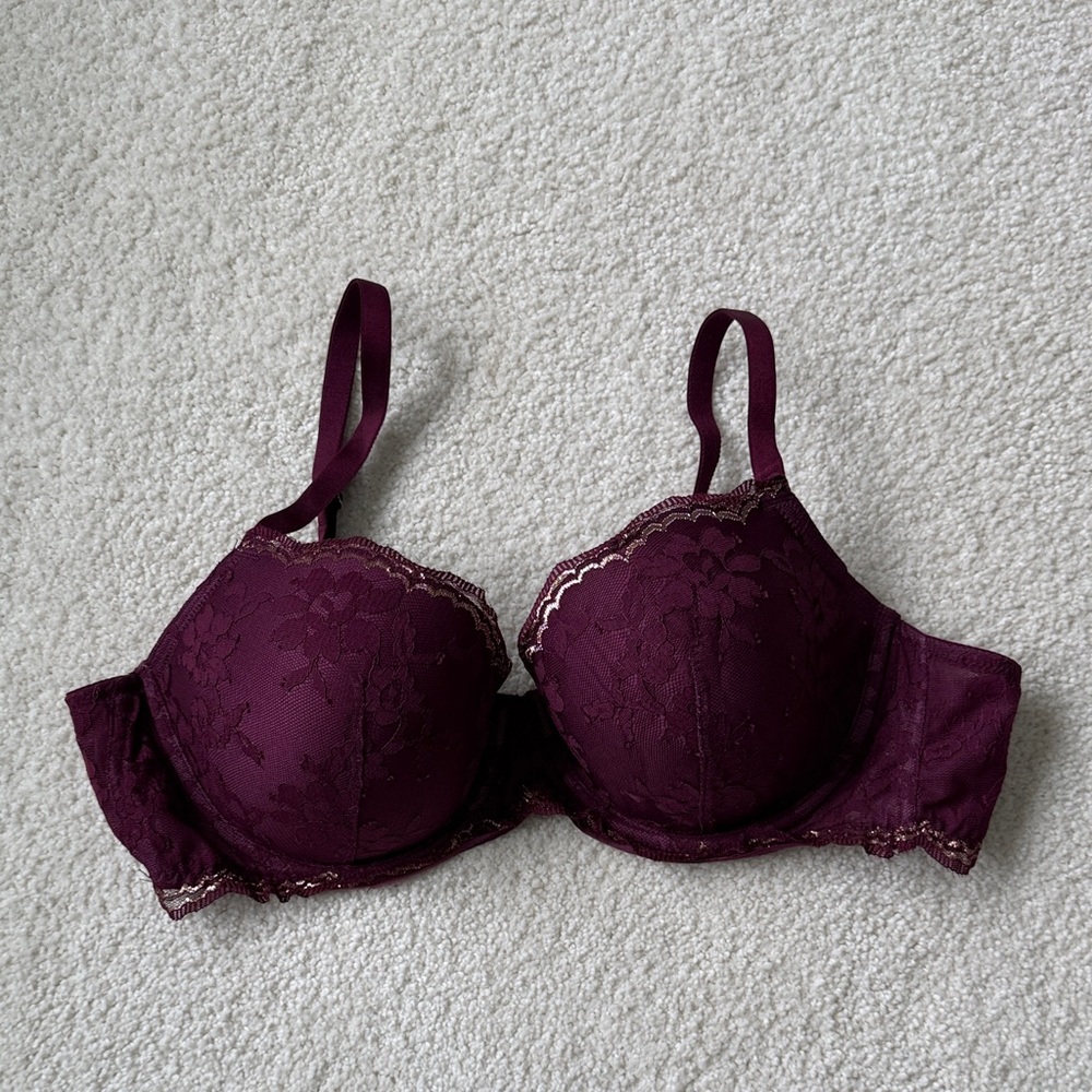 Victoria's Secret Deep Wine Lace Bra Dream Angels lined Demi